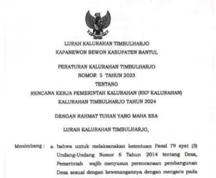 Peraturan Kalurahan Timbulharjo Nomor 3 Tahun 2024 tentang Rencana Kegiatan Pemerintah Kalurahan (RK